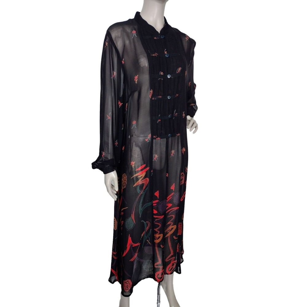 Vintage 90s PHOOL Boho Sheer Black Chiffon Button-Down Dress Size Large India